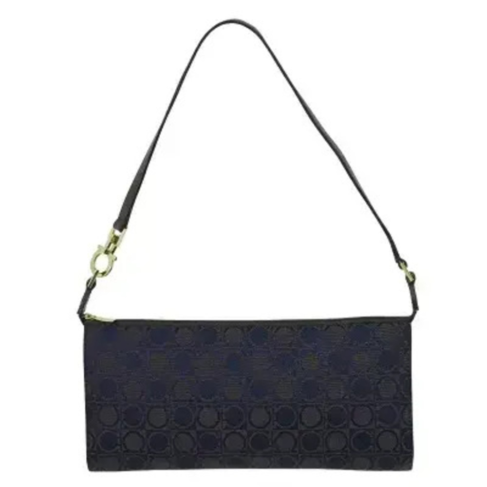 Salvatore Ferragamo Gancini Canvas Shoulder Bag Navy Blue Brown